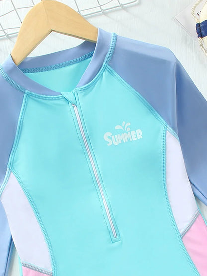 One Piece Kids Girls Swimsuit Solid Long Sleeves Bodysuit Children Swimwear Summer Monokini Beach Bathing Suit Swimming