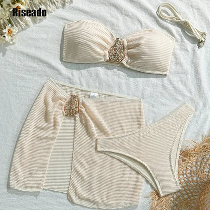 Women's Textured Bikini Sets 3 Piece Halter Swimsuits Bathing Suit with Cover Up Skirt