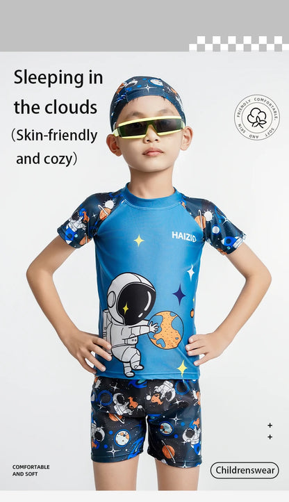 Children's Swimsuit Cartoon Pattern Children's Swimwear Boys Split Design Suitable Swimming Suit Beachwear with Hat