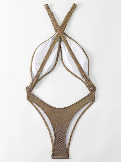Wrinkled High Cut Out Thong Female Swimwear One Piece Swimsuit Women Cross Backless Monokini Bather Bathing Suit Swim Beach Wear