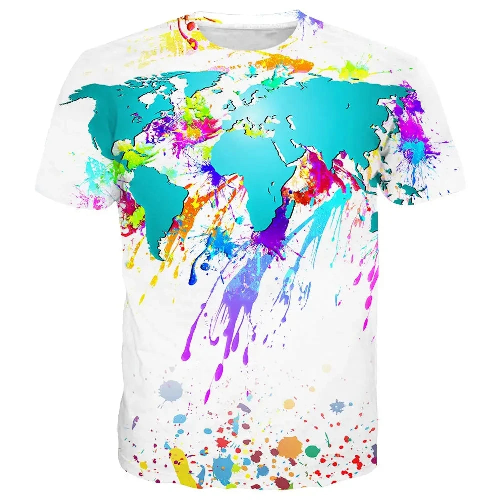 Rainbow Paint Splash Men's Printed T-shirt Hip Hop Street Fashion Harajuku Round Neck Comfortable Short Sleeve Top