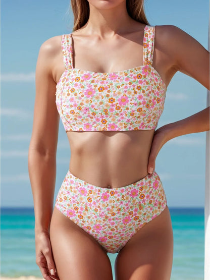 Floral Print 2 Piece Swimsuit for Women High Waist  Bandeau Bikini Set Suspender Backless Beach Vacation Swimwear Bathers