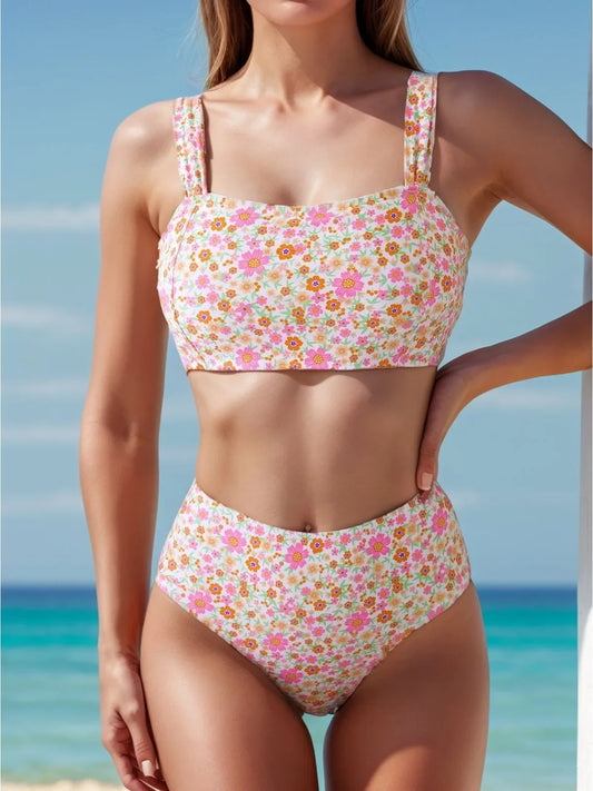Floral Print 2 Piece Swimsuit for Women High Waist  Bandeau Bikini Set Suspender Backless Beach Vacation Swimwear Bathers
