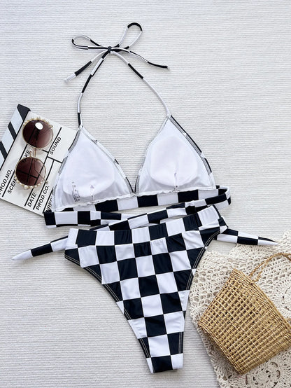 Plaid Print Swimwear Women Halter Push Up Bikini Set High Waist Lady Swimsuit Beach Brazilian Bathing Suit