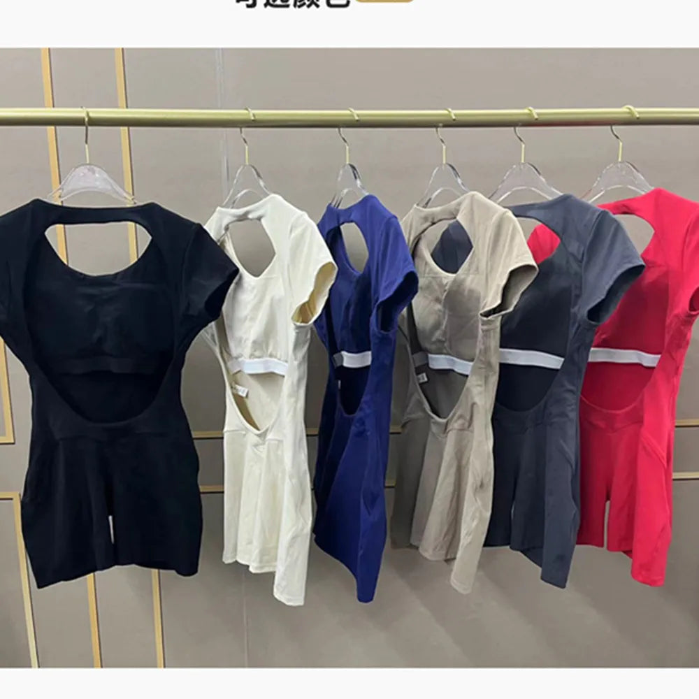 Pad Short Sleeves Suit Female One Piece Jumpsuit Yoga Set Workout Bodysuits Backless Sports Rompers Women Gym Legging