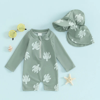 Baby Boy Swimming Suit Baby Swimsuit 3 6 12 18 24M 2T 3T Infant Toddler Boys Swimwear Zipper Long Sleeve Rash Guard with Hat