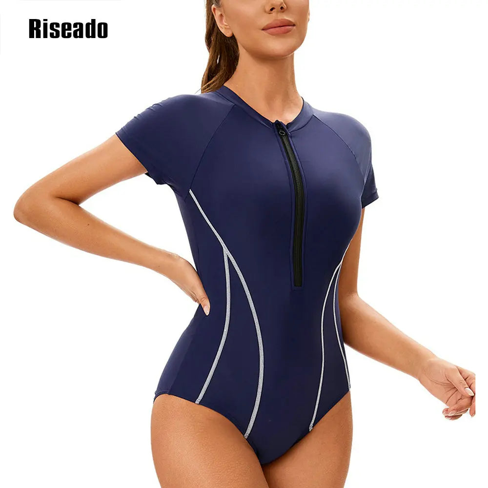 Riseado One-pieces Swimsuits Women Beachwear Short Sleeve Navy Sports Swimwear for Summer Surfing Swimming