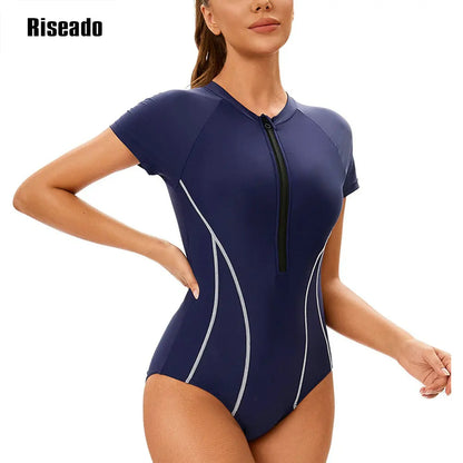 Riseado One-pieces Swimsuits Women Beachwear Short Sleeve Navy Sports Swimwear for Summer Surfing Swimming