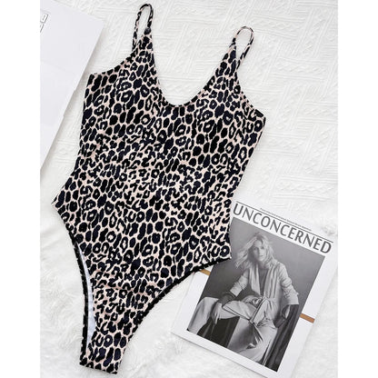 Leopard Strapped Swimwear Women High Cut Backless Tied One Piece Swimsuit Monokini Push Up Summer Bathing