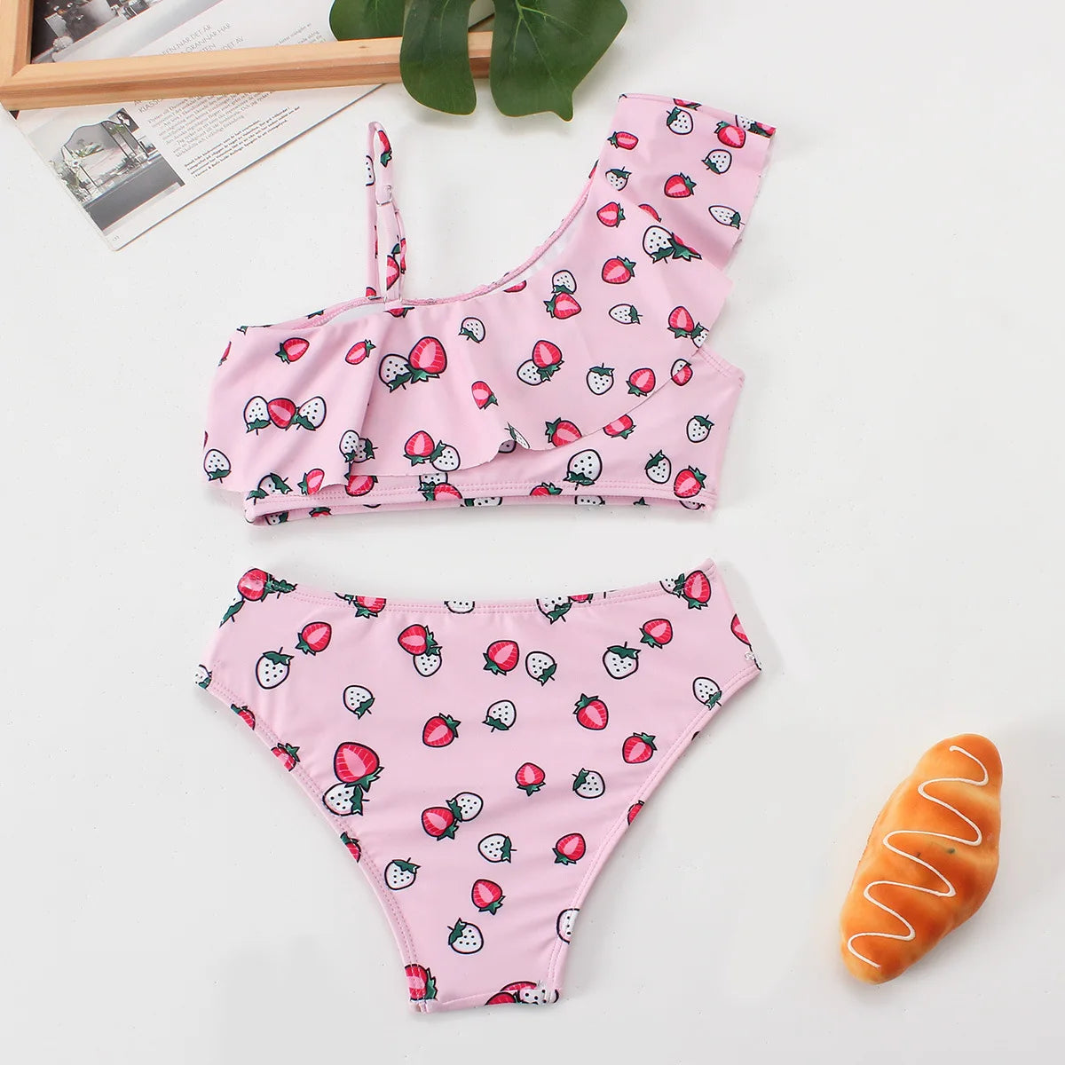 Girls Ruffle Bikini Two Pieces Swimsuit Kids Cat Footprints One Shoulder Children's Swimwear 7-12Years Bathing Suit