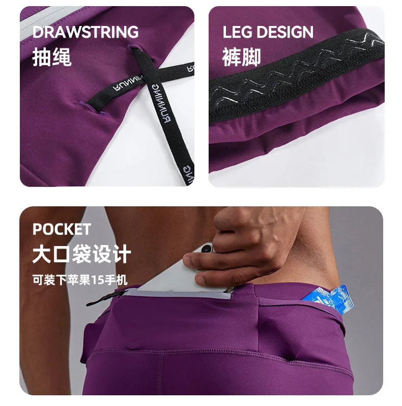 Men's Marathon Running Training Compression Shorts Quick Dry Sports Jogging Tights Fitness Waist Belt Bag Shorts Sportwear Male