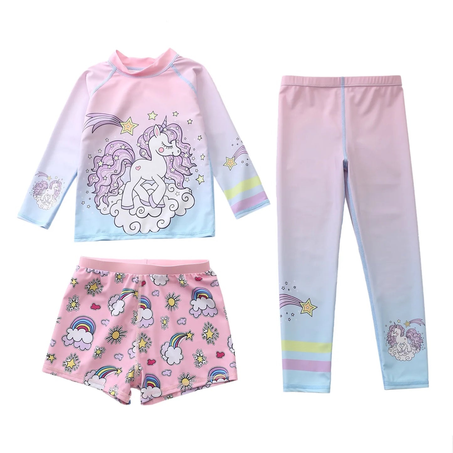 Kids Swimsuit for Girls Unicorn Long Sleeve Children's Swimwear + Surf Pants + Swimming Trunks Rash Guard Bathing Suit Child