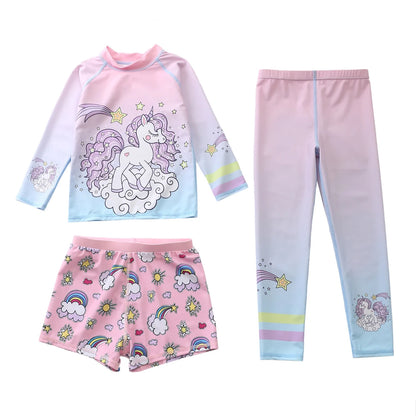 Kids Swimsuit for Girls Unicorn Long Sleeve Children's Swimwear + Surf Pants + Swimming Trunks Rash Guard Bathing Suit Child