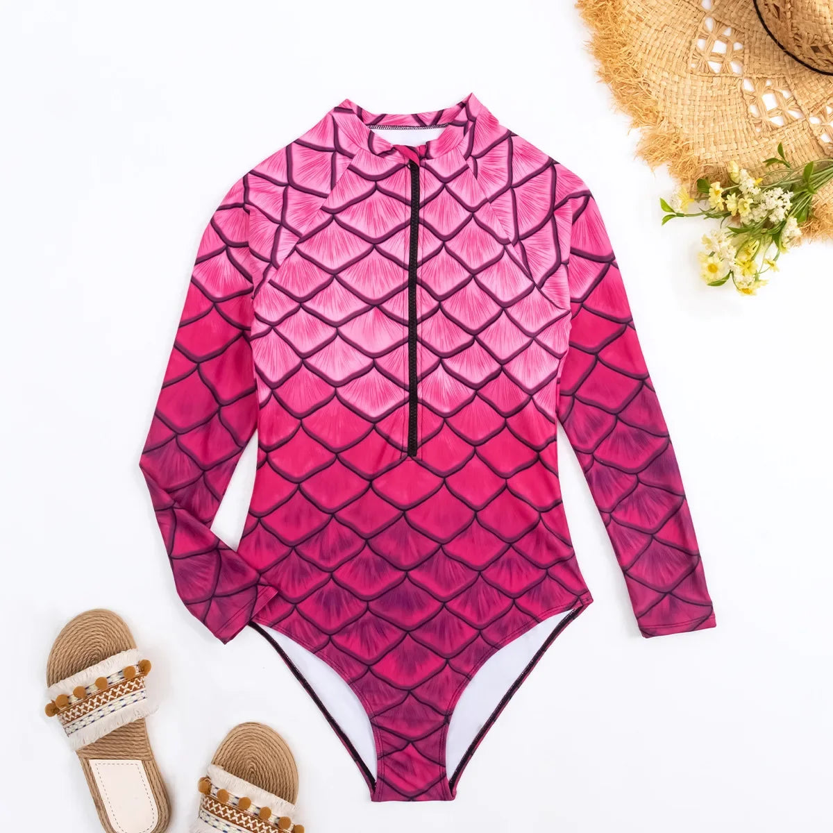 Mermaid Gradient One Piece Swimsuit Zipper Long Sleeve Swimwear Women Bathing Suit Retro Vintage One-piece Surfing Suits Swim Wear Adult