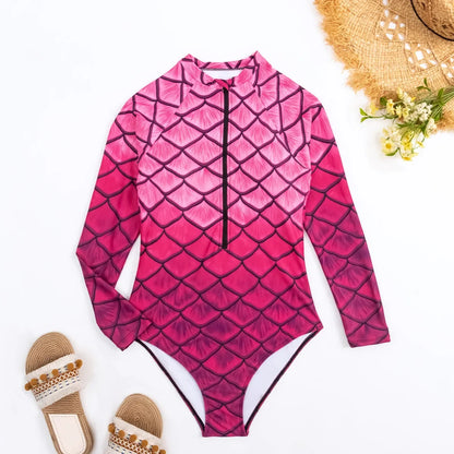 Mermaid Gradient One Piece Swimsuit Zipper Long Sleeve Swimwear Women Bathing Suit Retro Vintage One-piece Surfing Suits Swim Wear Adult
