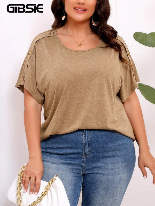 Plus Size Solid Button Detail Short Sleeve T-Shirt Women's Summer O-Neck Casual T-Shirts Female Tee Tops