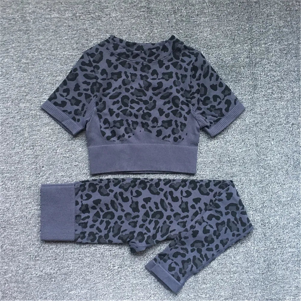Women Fashion Leopard Printed 2 PCS Yoga Set Gym Shockproof Sports Bras Sport Leggings Running Work Out Training Suit