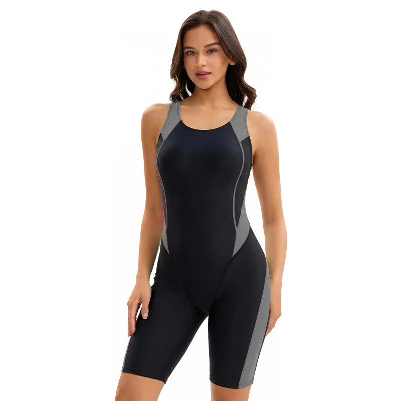 Color Block One Piece Swimsuit Women Sleeveless Boyleg long Rash Guard Backless Surfing Bathing Suit