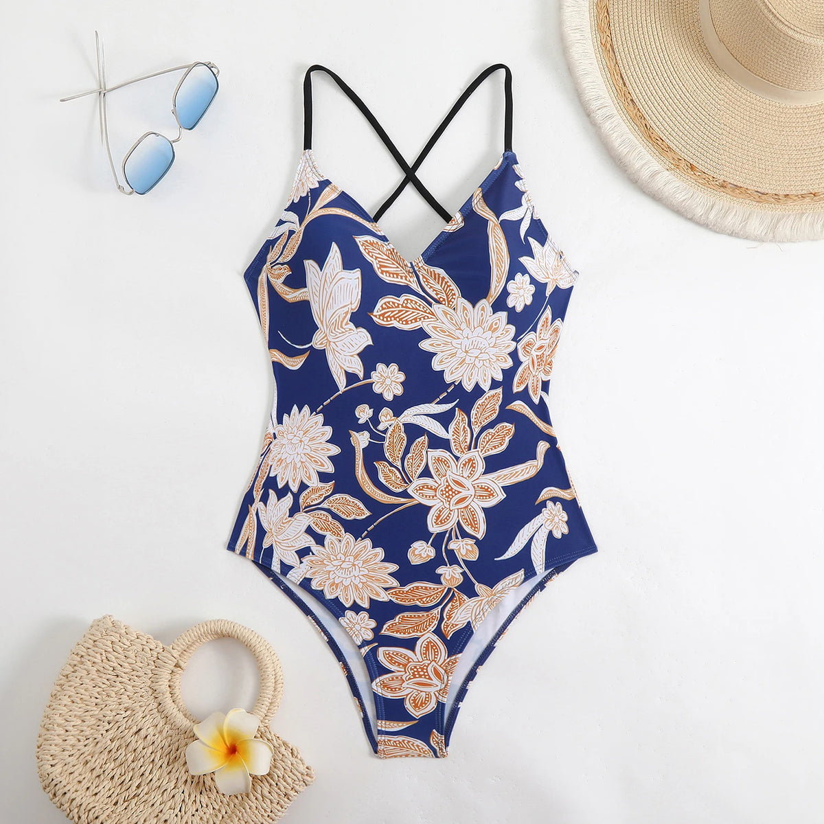 V-neck Strappy Swimsuit Women One Piece Printed Back Cross Swimwear Female Bathers Bathing Swimming Swim Suit Beachwear