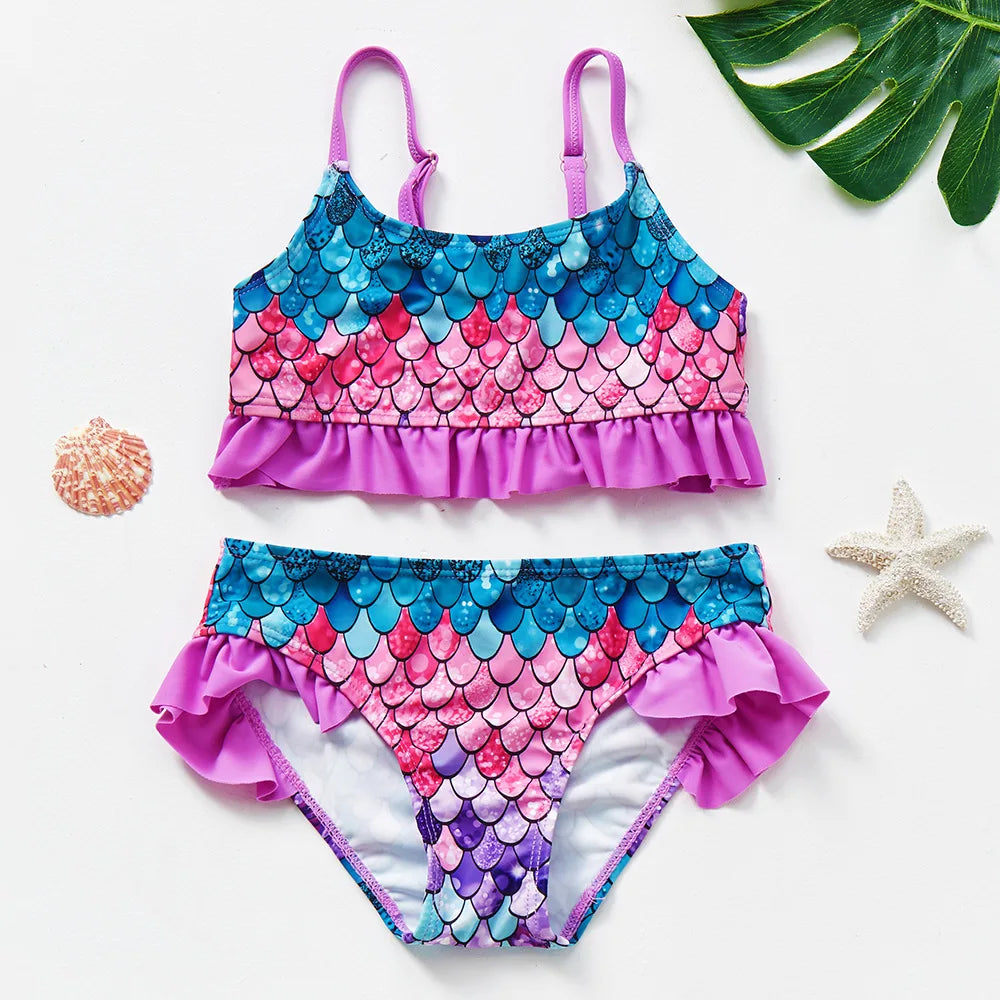 Baby Girls Fish Scale Print Tankini Swimsuits Summer Beachwear Children Girls Bathing Suits Two Piece Girls Bikini Swimsuits