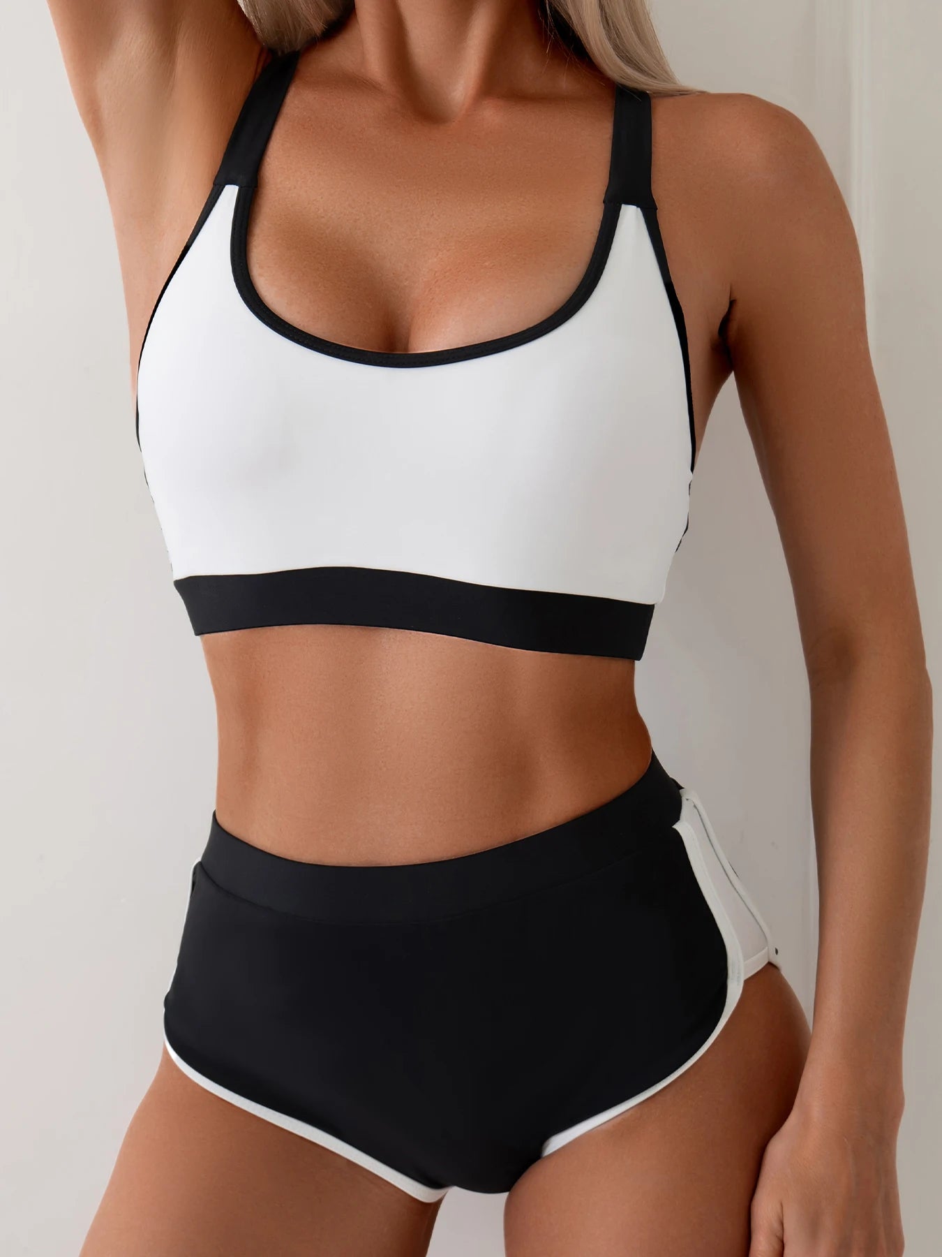 High Waist Bikinis Sporty Swimsuit Women Black & White Swimwear Female Bathers Bathing Swimming Swim Suit Beachwear S-XXL