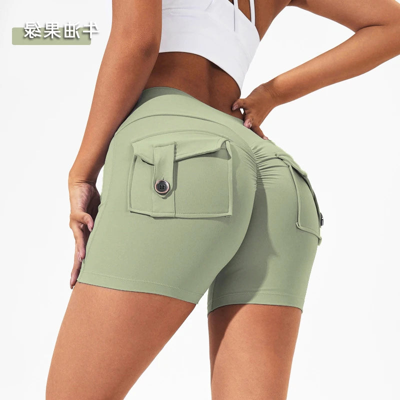 Scrunch Women Button Booty Pocket Sports Yoga Shorts Cycling Jogging Fitness High Waist Squat Proof Gym Active Leggings