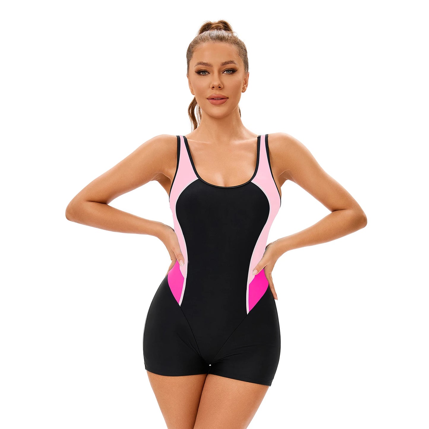 Womens One Piece Athletic Swimsuit Sleeveless Boyleg Bodysuit Color Block Sport Swimwear Leotards Wetsuit Beach Bathing Suit