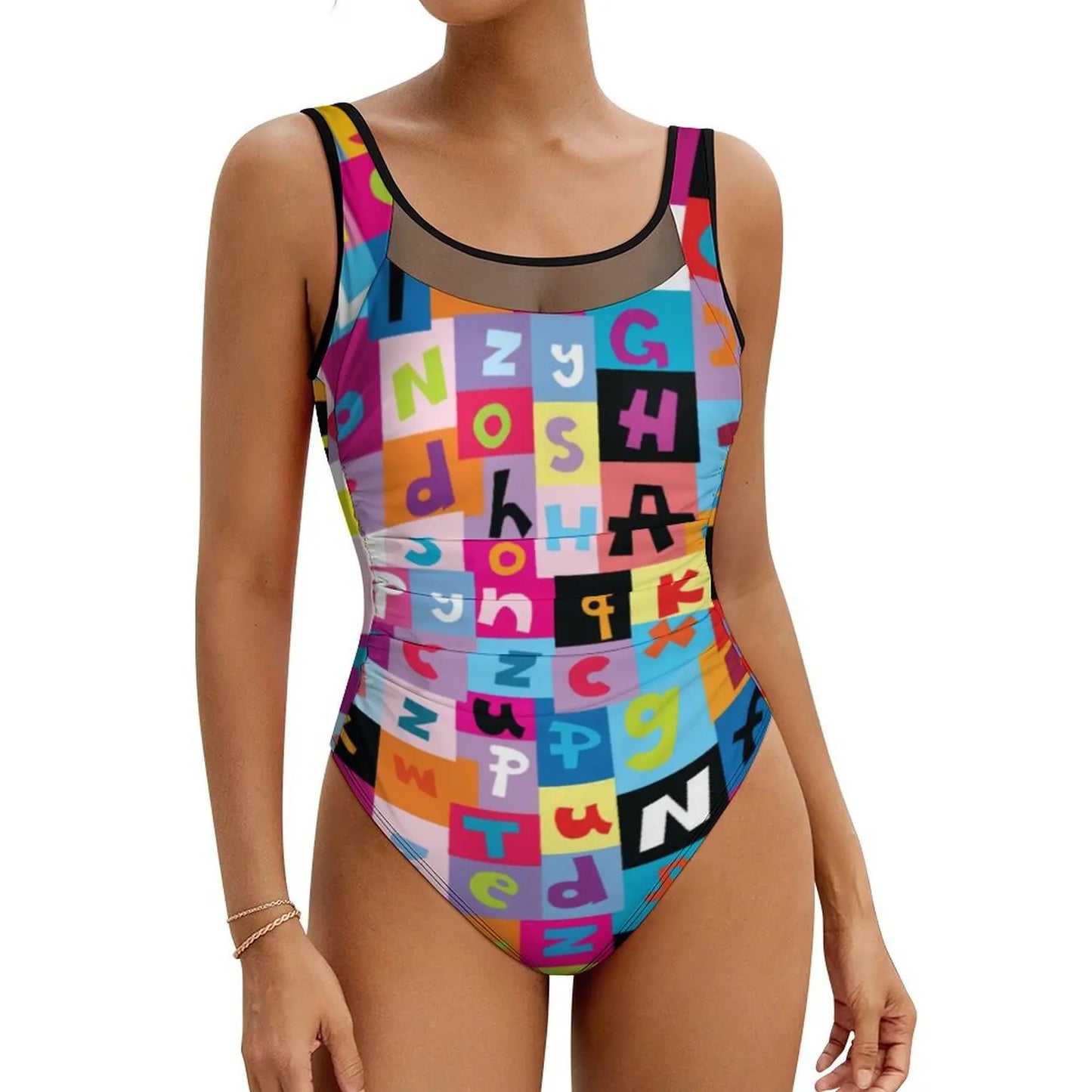Retro Letter Print Swimsuit Egyptian Hieroglyphs Push Up Swimwear One-Piece Vacation Bath Bathing Suit Bodysuit Beach Outfits