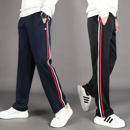 Red White Stripes Casual Sports Pants Solid Elastic Waist Pockets Durable Breathable Straight Trousers