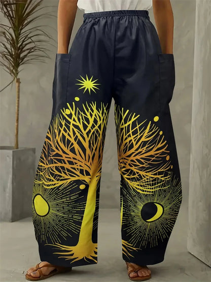 Simple Star And Moon Abstract Sun Print Pants Fashionable European And American Ladies Wide-leg Pants Delicate And Elegant Pants