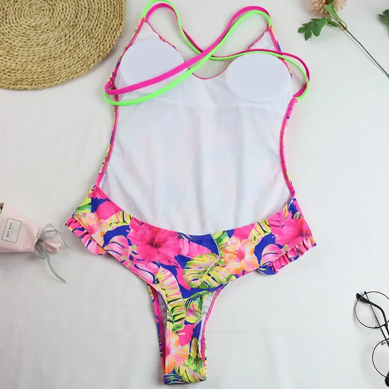 One Piece Swimsuit Swimwear Women Ruffled Double Cross Straps V-neck Coconut Tree Flower Print Bathing Suit Beachwear