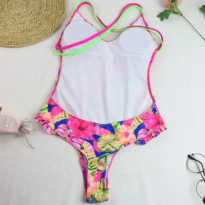 One Piece Swimsuit Swimwear Women Ruffled Double Cross Straps V-neck Coconut Tree Flower Print Bathing Suit Beachwear
