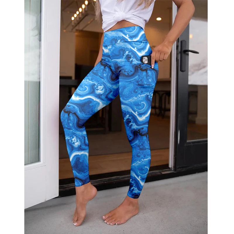 High Waist Women's Fitness Leggings 3D Digital Print Sexy Pocket Elastic Pants Fashionable Gym Trousers