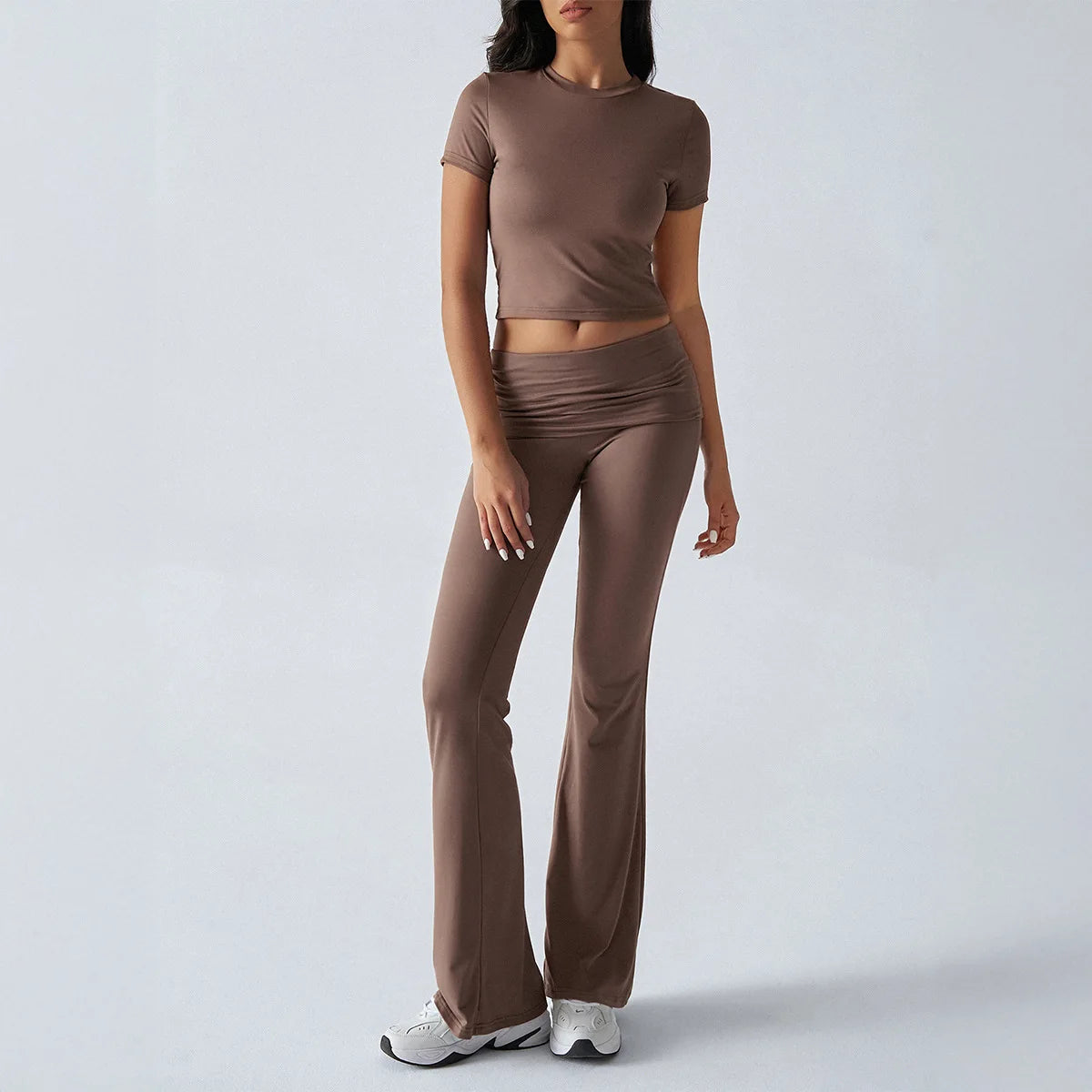 Foldable 2PCS Yoga Set Women Short Sleeve Crop Top Slim Fit High Waist Flare Leggings Fitness Suit Workout Gym Running Tracksuit