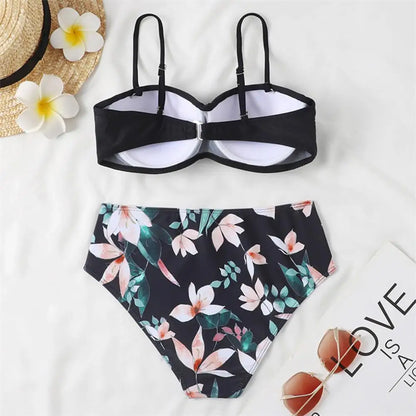 Women Bikini Set Solid Color Underwire Padded Push-Up Split Bikini Bra Print High Waist Bottoms Swimsuit Women Bathing Suit