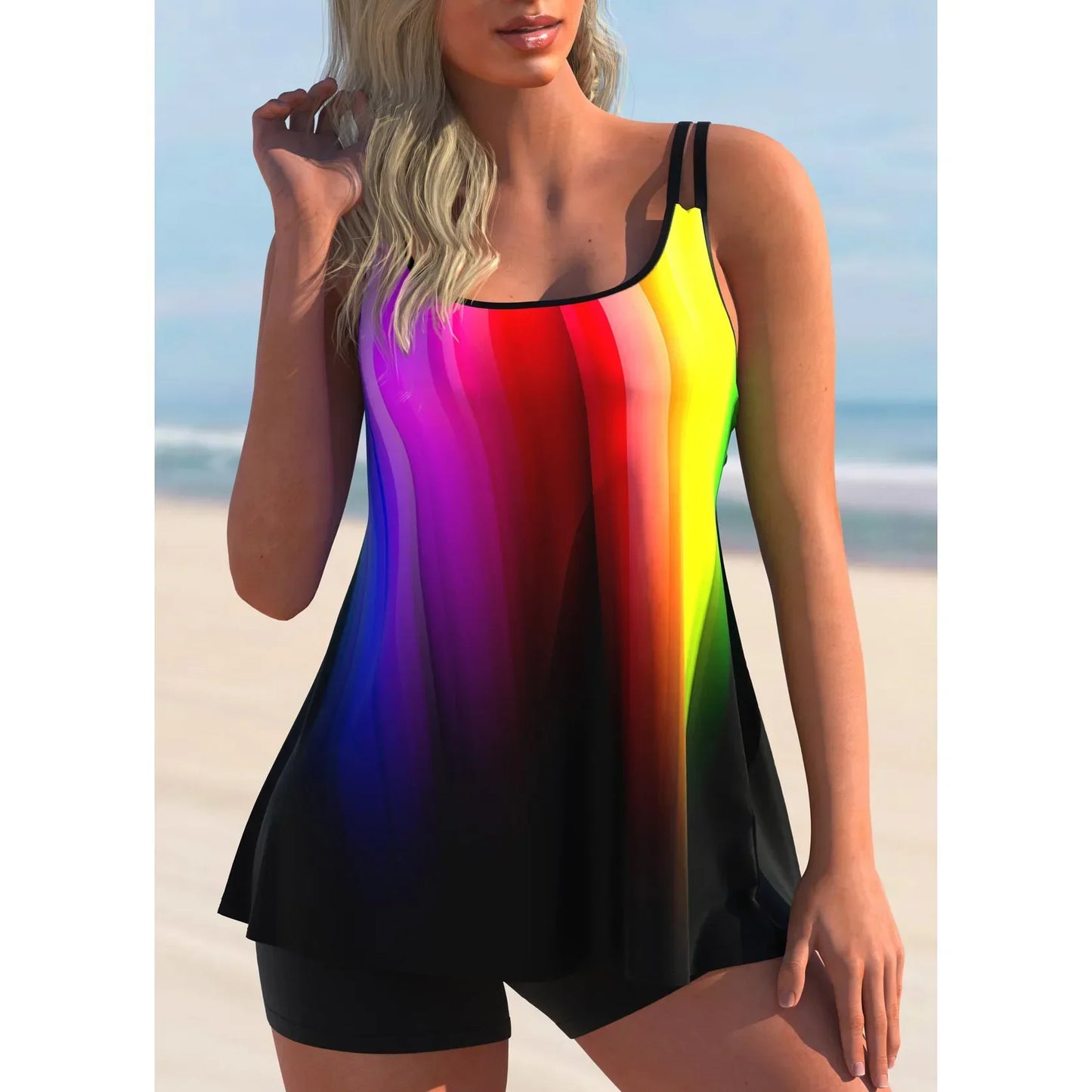 Women's Swimsuit Bikini Tank Top Two-piece Set of Colorful Curve Printed Holiday Beach Wear S-6XL