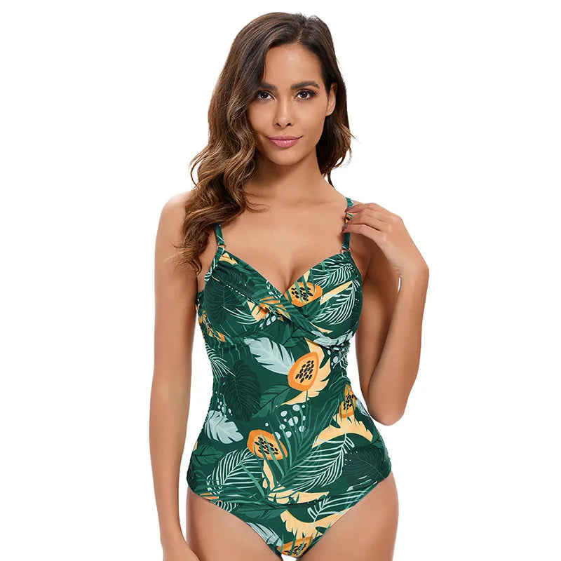 V-Neck Tankini Swimsuit Women Holiday Party Floral Printing Tankini Female Summer Fashion Elegance Swimwear