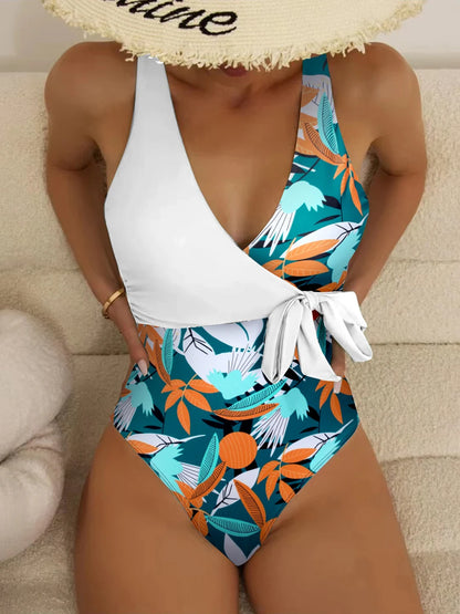 Tropical Print Swimsuit One Piece Knot Side Belted Swimwear Women Padded Bathing Suit Female Swimming Summer Beachwear