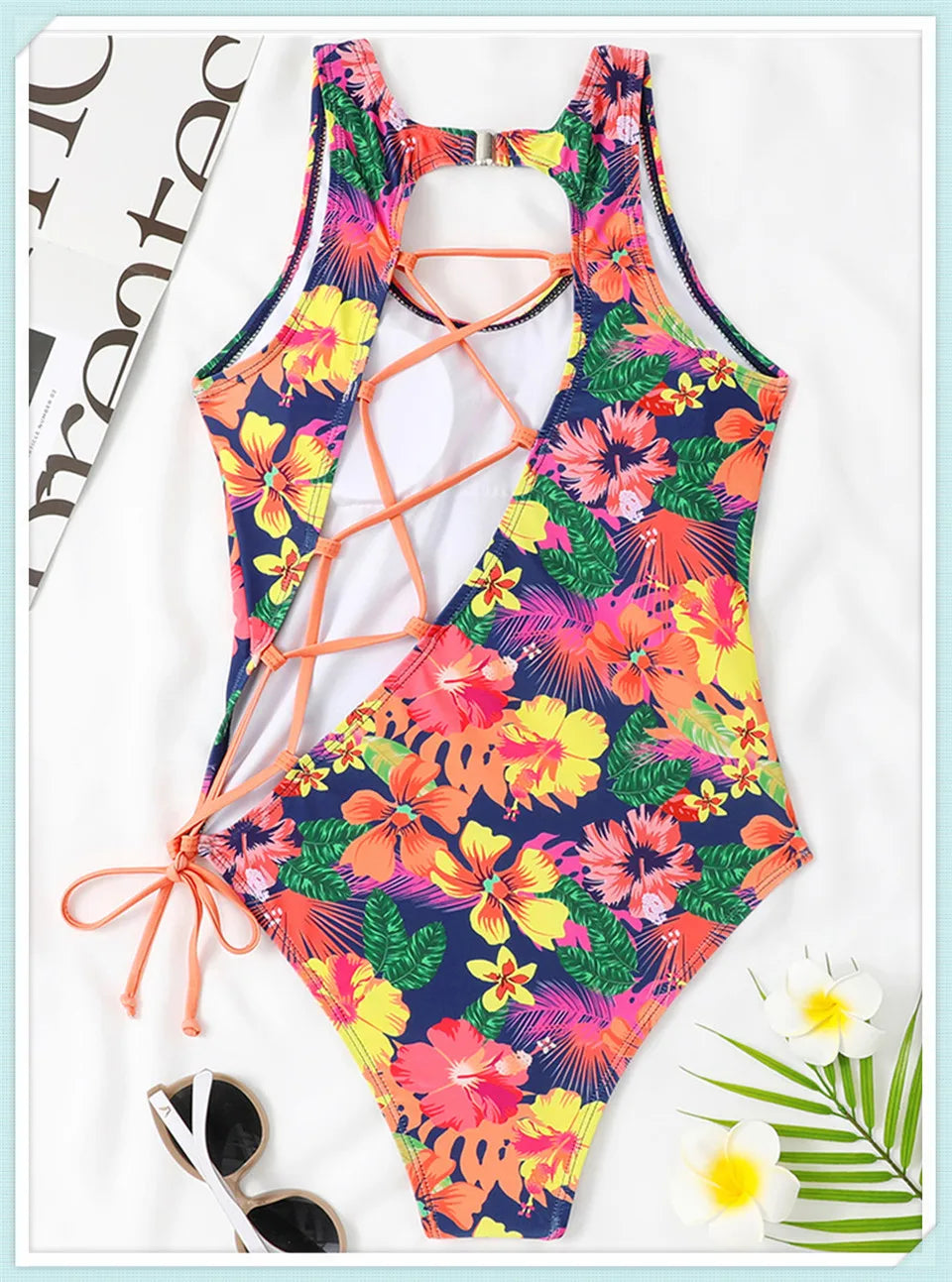 Lace Up Back Swimsuit One Piece Printed Swimwear Women Backless Bathing Swimming Suit Female Padded Beachwear Bodysuit