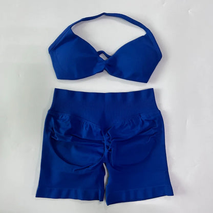 2PCS Gym Set Women Strappy Yoga Bra Top High Waist Workout Scrunch Shorts Sports Suit Seamless Yoga Set Fitness Clothes