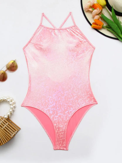 Shining Printed One Piece Strappy Swimsuit Women Cross Backless Swimwear Bodysuit Bathers Bathing Swimming Suit Beachwear