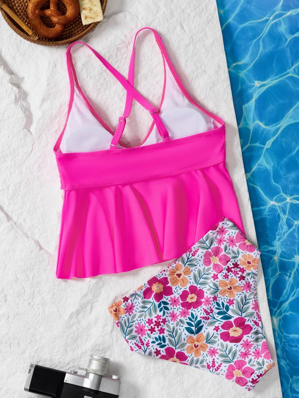 Strappy Floral Printed Tankini With Skirt Swimsuit Women Two Piece Twist Swimwear Female Bathing Swim Suit Padded Beachwear