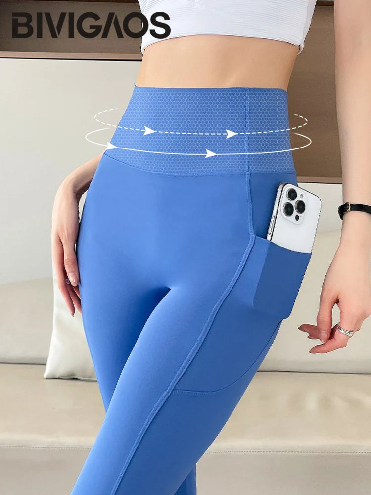 Side Pocket Sharkskin Leggings Women High Waist Tight Fitness Yoga Leggings Push Up Running Leggings