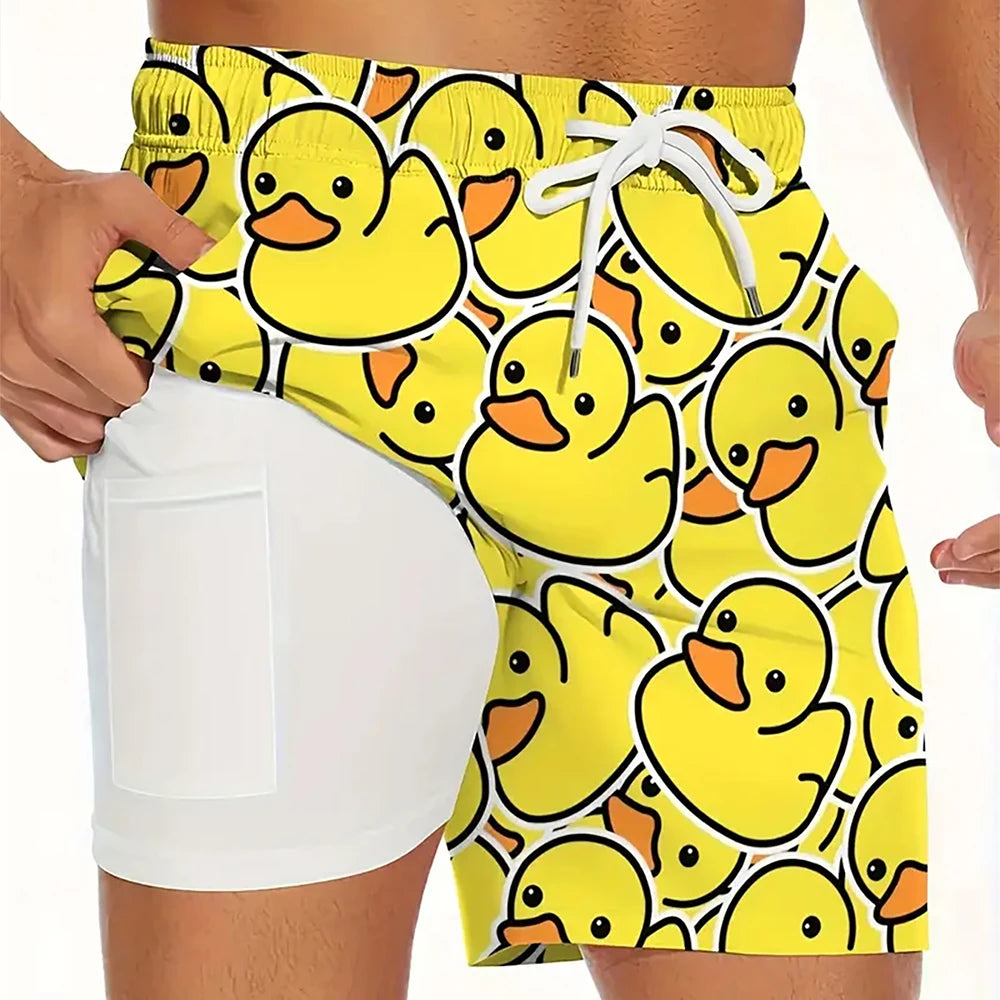 Men Summer Quick Dry Beach Board Shorts Breathable with Compression Liner & Phone Pocket Elastic Waist Multiple Colors Available