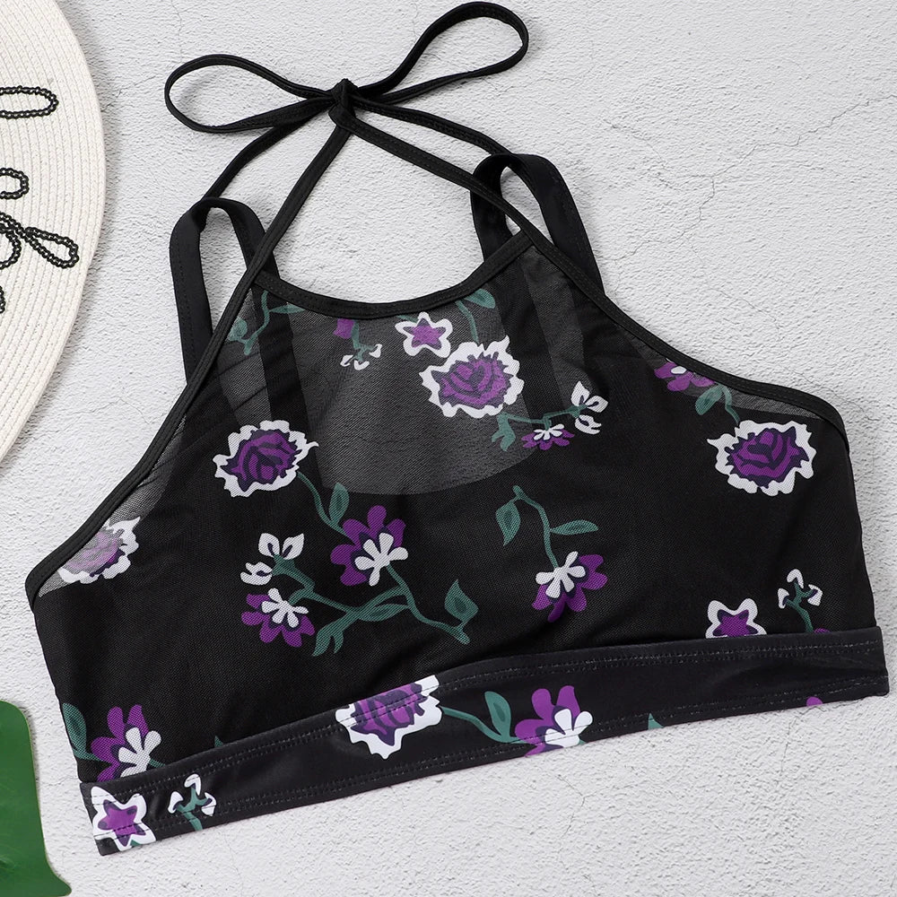 Floral Printed Two Pieces Swimsuit Women  Halter Swimwear Skirt Female Bathers Bathing Swimming Suit Beachwear Summer