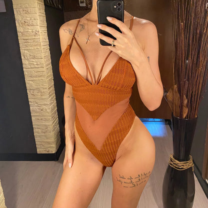 S - XXL 5 Colors V Neck Mesh Sheer Women Swimwear One Piece Swimsuit Female High Leg Cut Monokini Bather Bathing Suit Swim