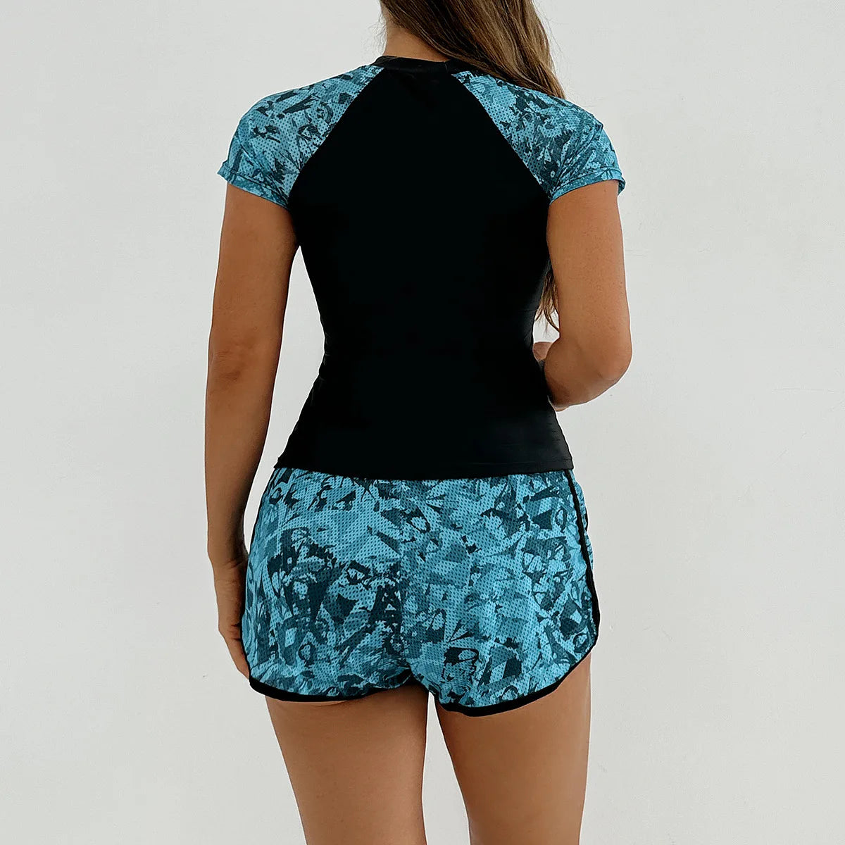 Rash Guard Swimsuit for Women 2 Piece Swimsuit High Waist Tankini Short Sleeve Round Neck Patchwork Bikini Set Swimwear