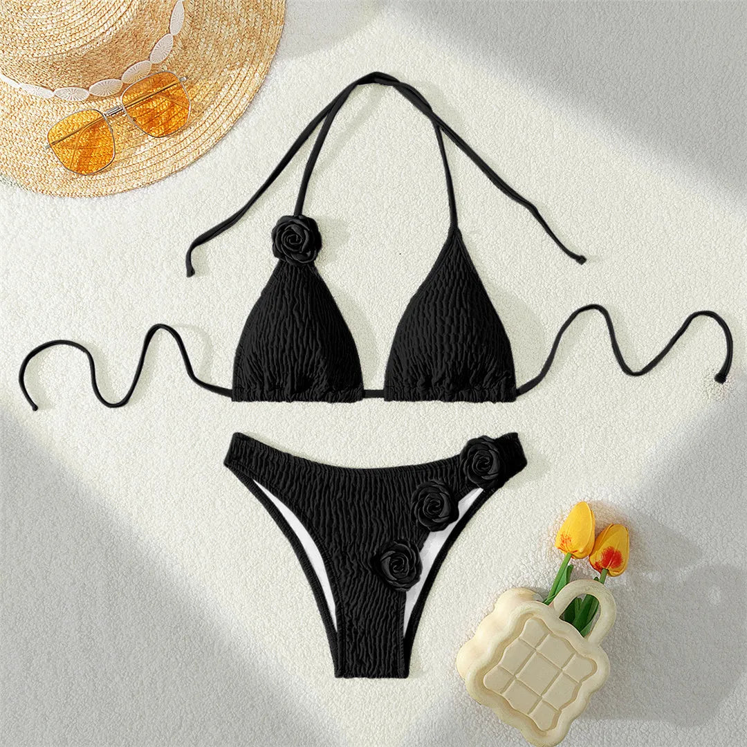 3D Flowers Halter Wrinkled Brazilian Bikini Women Swimwear Female Swimsuit Two-pieces Bikini set Bather Bathing Suit Swim V5559