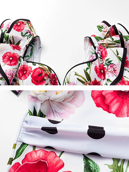 Push Up Floral Frill Shoulder Swimsuit Women One Piece Swimwear Female Beachwear Bathers Bathing Swimming Swim Suit
