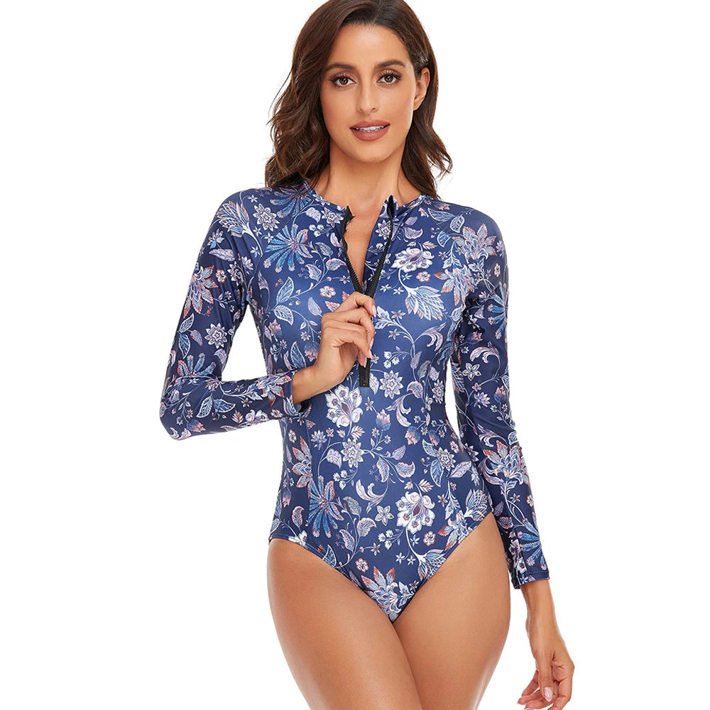 Womens Athletic One Piece Swimsuits Rashguard Long Sleeve Swimsuit Sports Surfing Swimwear Bathing Suits Printed Half Zipper XXL